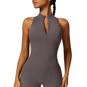 Mono de yoga sin mangas de cuerpo entero para mujer RTS, con media cremallera, sin costuras, de elastano y poliéster, color liso, AS-YJ-506 - Product Image 5
