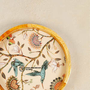 Round Mango Wood Epoxy Resin Serving <b>Tray</b> with Bird Floral Design Decorative Wooden Food Storage <b>Tray</b> for <b>Kitchen</b> Dining Home - Product Image 2