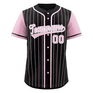 Camiseta de Béisbol Personalizada a Rayas Negras y Rosas, Unisex, Manga Corta, con Botones, Malla Transpirable, Nombre del Equipo Personalizado, Impresión Sublimada - Product Image 1