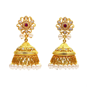 Ethnic Gold Plated Drop Charm Earrings with Pearl-Classic Religious Geometric Jhumka for Gifting - Product Image 3