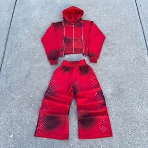 Custom Spray Fade Rhinestone Hoodie Set Heavyweight <b>Crop</b> <b>Zip</b> <b>Up</b> Fleece Tracksuit Vintage Yellow Acid Wash Streetwear Sweatpants - Product Image 5