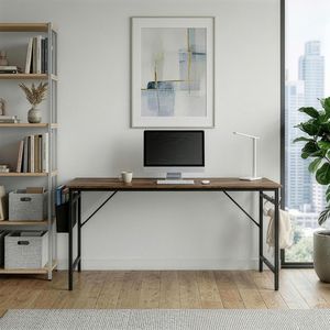 SG016FD P2 Scrivania per Computer in Truciolato Colore Legno Invecchiato con Tubo in Ferro da 160 cm e Tessuto Non Tessuto, con Vano Portaoggetti Integrato - Product Image 2