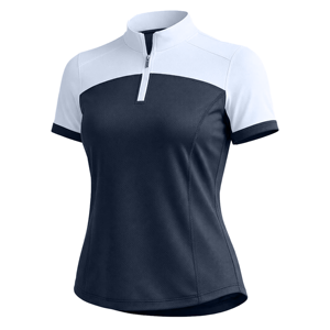 Camiseta deportiva beige para mujer, con cuello alto, manga corta, cremallera, corte ajustado, que absorbe la humedad, de poliéster, para verano. - Product Image 3