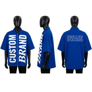 <b>Men</b> <b>Blue</b> Oversized Short Sleeve Zip Up Collar <b>Shirt</b> Streetwear Letter Print T <b>Shirt</b> - Product Image 1