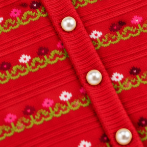 Cárdigan de punto jacquard rojo para mujer, cuello redondo, tacto suave, algodón, manga larga, botones frontales, estilo vintage de otoño - Product Image 6