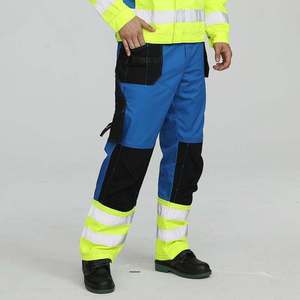 Men's Blue Reflective Polyester <b>Work</b> <b>Pants</b> <b>Black</b> Reinforced Knees Pockets Needle Detection High Visibility Safety CE Certified - Product Image 1