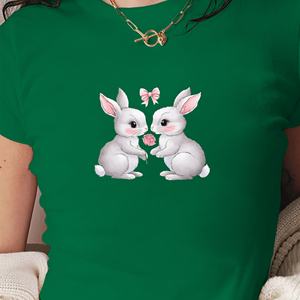 Camiseta Corta de Moda para Mujer con Estampado de Dos Conejos Adorables, Corte Ajustado, Tejido de Punto, Estilo Y2K, Cuello Redondo, Spandex/Poliéster - Product Image 2