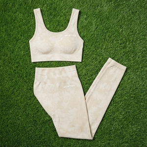 Women <b>Cream</b> Beige Acid Wash Yoga Set Sports Bra High Waist <b>Leggings</b> Gym Fitness Workout Activewear - Product Image 5