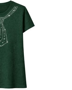 Camiseta de Algodón Verde Oscuro para Mujer con Estampado de Lazo de Diamantes de Imitación, Top Casual de Manga Corta para Verano, Fabricante Personalizado, Suministro de Fábrica OEM - Product Image 3