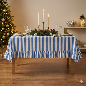 Hand Block Printed Cotton <b>Tablecloth</b>, Blue White Nautical Stripe, Ruffled Hem,<b>Tablecloth</b> Table Cover Linen Set - Product Image 1