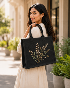 Embroidered Floral Jute Reusable Beach <b>Gift</b> Shopping <b>Bag</b> <b>Large</b> Size Magnetic Closure Hand Length Handle - Product Image 4
