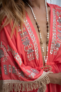 Kimono Boho con Cuello en V y Manga Murciélago, Estampado Floral con Flecos y Borlas, de Algodón Ecológico, Ropa de Playa con Bolsillos, Cintura Natural, Largo Midi - Product Image 4