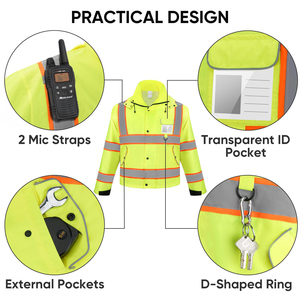 High Visibility Safety <b>Jacket</b> Double Reflective Tape Bright Zip Front Utility Pockets Traffic Safety <b>Construction</b> Apparel - Product Image 2