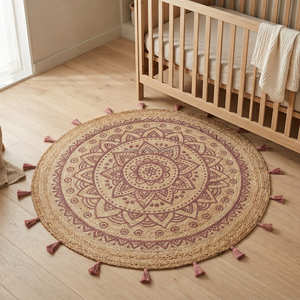 Mandala Floral Printed Braided Jute Nursery Rug with Tassels for Kids Room Boho Home & Meditation Corner - Product Image 1