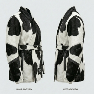 DARKRY ENTERPRISES Men's Faux Fur Cow Print <b>Jacket</b> <b>Mandarin</b> <b>Collar</b> Belted Streetwear Winter Coat - Product Image 3