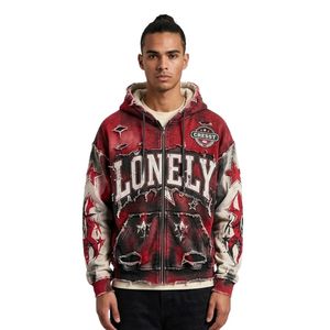 Maßgefertigte Einsame Tarnmuster-Waschbaumwoll-Fleece-Hoodies Rot-Schwarz Grafik-Print Übergroßer Pullover Streetwear-Hoodies - Product Image 1