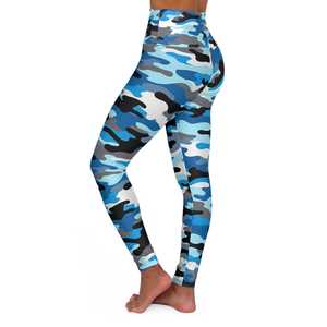 Leggings taille haute longueur intégrale imprimé camouflage bleu, tricoté extensible, sportif, pour femme, toutes saisons - Product Image 2