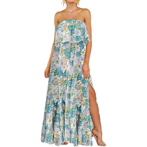 Vestido Maxi Floral Multicolor sin Tirantes con Abertura Lateral, Estilo Tubo, para Playa o Verano - Product Image 4