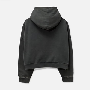 Washed <b>Black</b> Solid Autumn Heavyweight Hoodie Oversized Boxy Cropped Fit 510 GSM Cotton <b>Fleece</b> No Drawstring Streetwear - Product Image 4