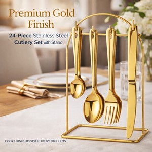Juego de Cubiertos de Acero Inoxidable de Lujo Moderno de 24 Piezas con Soporte, Acabado Espejo, Premium y Duradero, Cuchara, Tenedor y Cuchillo para Comedor - Product Image 6