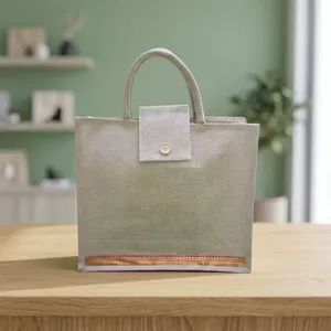 Sustainable Natural Jute Tote 14x16x5 Inch Flap Closure Design Button Fastening <b>Reusable</b> <b>Shopping</b> <b>Bag</b> Office Items 1-1.9L Custom - Product Image 3