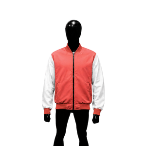 Chaqueta universitaria personalizada de satén rosa coral y blanco para hombre, chaqueta bomber de béisbol de primera calidad con mangas en contraste y cremallera completa - Product Image 1