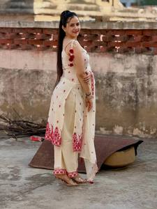 Ensemble Salwar Kameez en coton brodé rouge crème pour femmes, tenue ethnique indienne pakistanaise, vêtements décontractés pour mariage et fête - Product Image 3