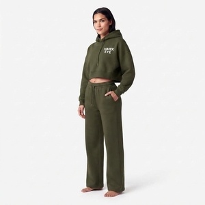 Trendy Olive Green Cotton Fleece Women's <b>Crop</b> Top Full Sleeves Drop Shoulder Hoodie And Wide Leg <b>Jogger</b> Pant Custom Logo - Product Image 4