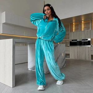 Women's <b>Velvet</b> <b>Tracksuit</b> Set Turquoise Full Sleeve Zip-Up Top Wide Leg Pants Loose Fit All Seasons Solid Color Casual Sportswear - Product Image 1