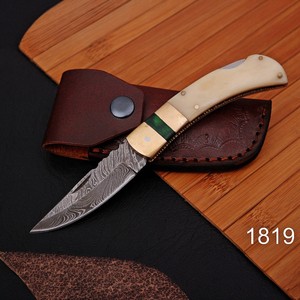 Custom Handmade Damascus Steel Folding <b>Knife</b> <b>Bone</b> <b>Handle</b> Pocket <b>Knife</b> with Leather Sheath Hunting Camping EDC <b>Knife</b> OEM - Product Image 1