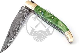 Couteau pliant de chasse de style Laguiole, lame en acier Damas, nouvelle marque, meilleur couteau de poche tranchant avec bolster/pommeau en résine et laiton. - Product Image 5