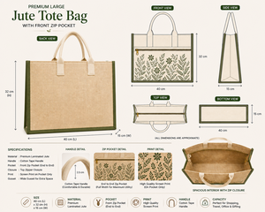 Bolsa de Yute Grande con Diseño Botánico Laminado Premium, Asas Dobles, Bolsillo Frontal con Cremallera, Ecológica, para Bodas y Exposiciones - Product Image 4