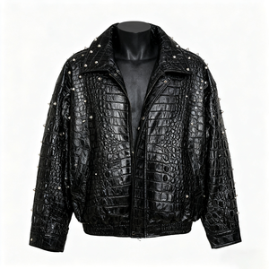 Chaqueta de Cuero Genuino Azul para Hombre, Diseño Personalizado con Parches a Cuadros en Relieve, Cuello Alto y Cierre de Cremallera - Product Image 3