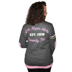 AKA Varsity <b>Cardigan</b> <b>Women</b> Knit Sweater Black Pink Trim <b>Button</b> Front Sorority Greek Apparel Alpha Style Casual Fashion Outerwear - Product Image 2
