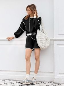 Conjunto de Sudadera Oversize con Diseño de Ribete en Contraste y Pantalones Cortos con Cintura Ajustable para Mujer, Estilo Urbano - Product Image 5