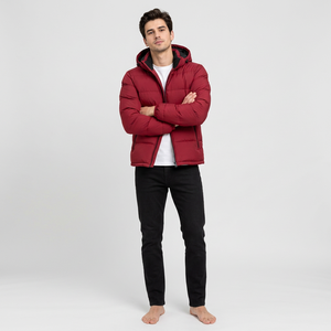 Veste matelassée à capuche rouge pour homme, fermeture éclair, coupe-vent, manteau d'hiver décontracté, coupe régulière, rembourrage en polyester, couleur unie - Product Image 4
