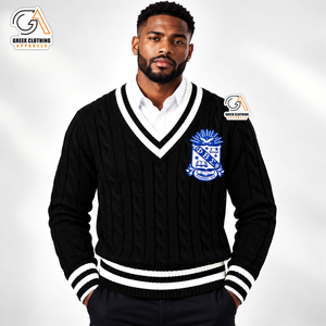 <b>Men's</b> Phi Beta Sigma Black Cable Knit V-Neck Sweater Embroidered Crest Front <b>Cardigan</b> Winter 100% Polyester Breathable - Product Image 1