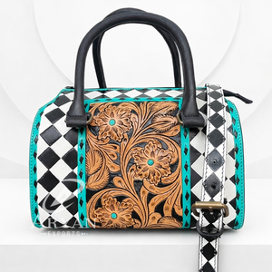 Nouveau sac Speedy de style occidental à carreaux noirs et blancs de taille moyenne pour femme, sac de voyage en cuir repoussé, sac à bandoulière en cuir de vachette - Product Image 1