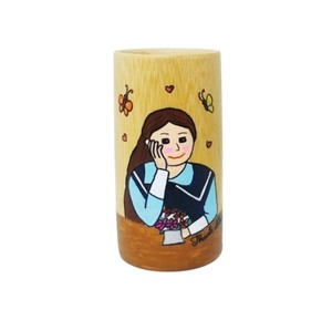 Taza de almacenamiento de bambú pintada artísticamente con asa, diseño de flor de loto, organizador de escritorio rústico, artículo de suministros de oficina. - Product Image 3