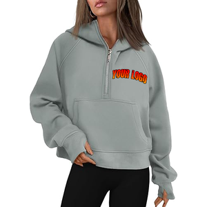 Women's Custom Logo Full Zip <b>Long</b> <b>Sleeve</b> Hoodie High Neck Zip-up Pullover Activewear Crop Jacket Drawstring Sweatshirt <b>Top</b> - Product Image 4