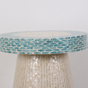 Blue Rim Tapered Pedestal Stools Mother of Pearl Handcrafted <b>Mosaic</b> Small Side Table For Living Room Bedroom Decor Use - Product Image 4