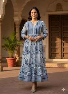 Robe Anarkali midi à imprimé floral bleu et blanc, Kurti indien traditionnel en coton, longue robe ethnique évasée à imprimé numérique pour femme, décontractée - Product Image 5