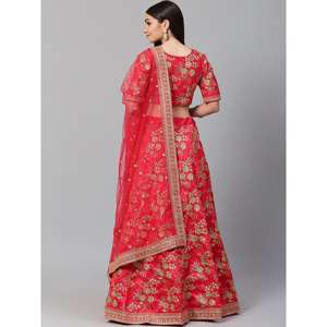 Vêtements de mariage de couleur rouge hypnotique brodés en satin Lehenga Choli - Product Image 4