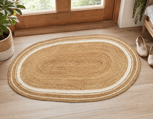 Handmade Oval Jute Rug Natural Braided Area Rug with <b>White</b> Border Boho Farmhouse Floor Carpet Indoor Home Decor Rug - Product Image 1