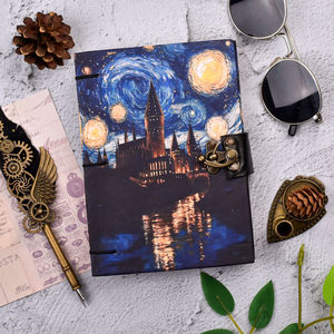 A5 Fantasy Castle Handmade Paper Journal | Eco Friendly Hardcover <b>Lock</b> Diary with Night Sky Artwork Design Gift Set for Journals - Product Image 1
