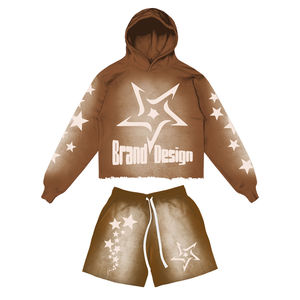 Custom Logo Men's <b>Sets</b> Sun Faded Raw Hem Two Piece Sweat Jogger Acid Wash Hoodies and Shorts <b>Set</b> for Men CustomMade Short <b>Sets</b> - Product Image 5