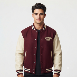 <b>Men's</b> Maroon Varsity <b>Jacket</b> Embroidered Logo Back Preppy Style Turn-down Collar Regular Fit Autumn Wear Casual <b>Baseball</b> Style - Product Image 3