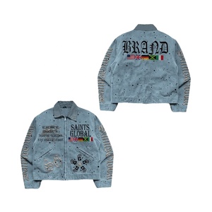 Nueva Llegada Chaqueta Vaquera Ligera para Hombre Saints Global, Corte Holgado, con Cremallera, Estilo Urbano, Letras Bordadas - Product Image 1