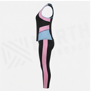 North Approach 2 Piece Yoga Set Black Pink Blue Contrast Color Blocking Racerback Tank <b>Top</b> Full Length Leggings <b>Sweat</b> Wicking - Product Image 3