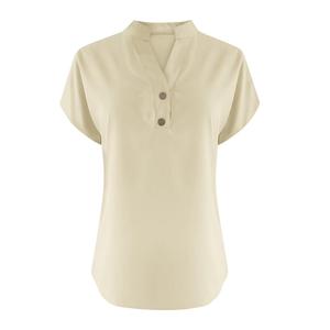 T-shirt décontracté pour femme grande taille, couleur unie, col en V, manches courtes, boutonnage frontal, col rond décontracté, manches courtes boutonnées - Product Image 5
